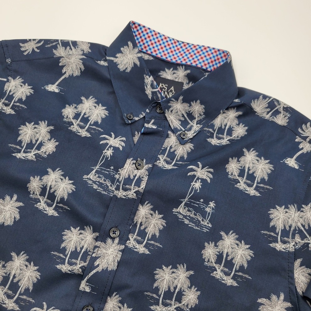 Jos. A. Bank Traveler Mens Medium Tailored Fit Navy Palm Tree Short Sleeve Shirt